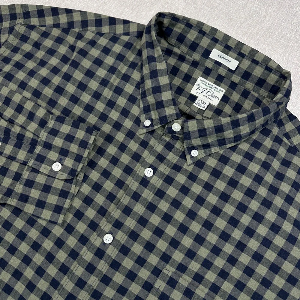 J Crew Secret Wash Shirt Mens XXXL Blue Green Gingham Organic Cotton Classic